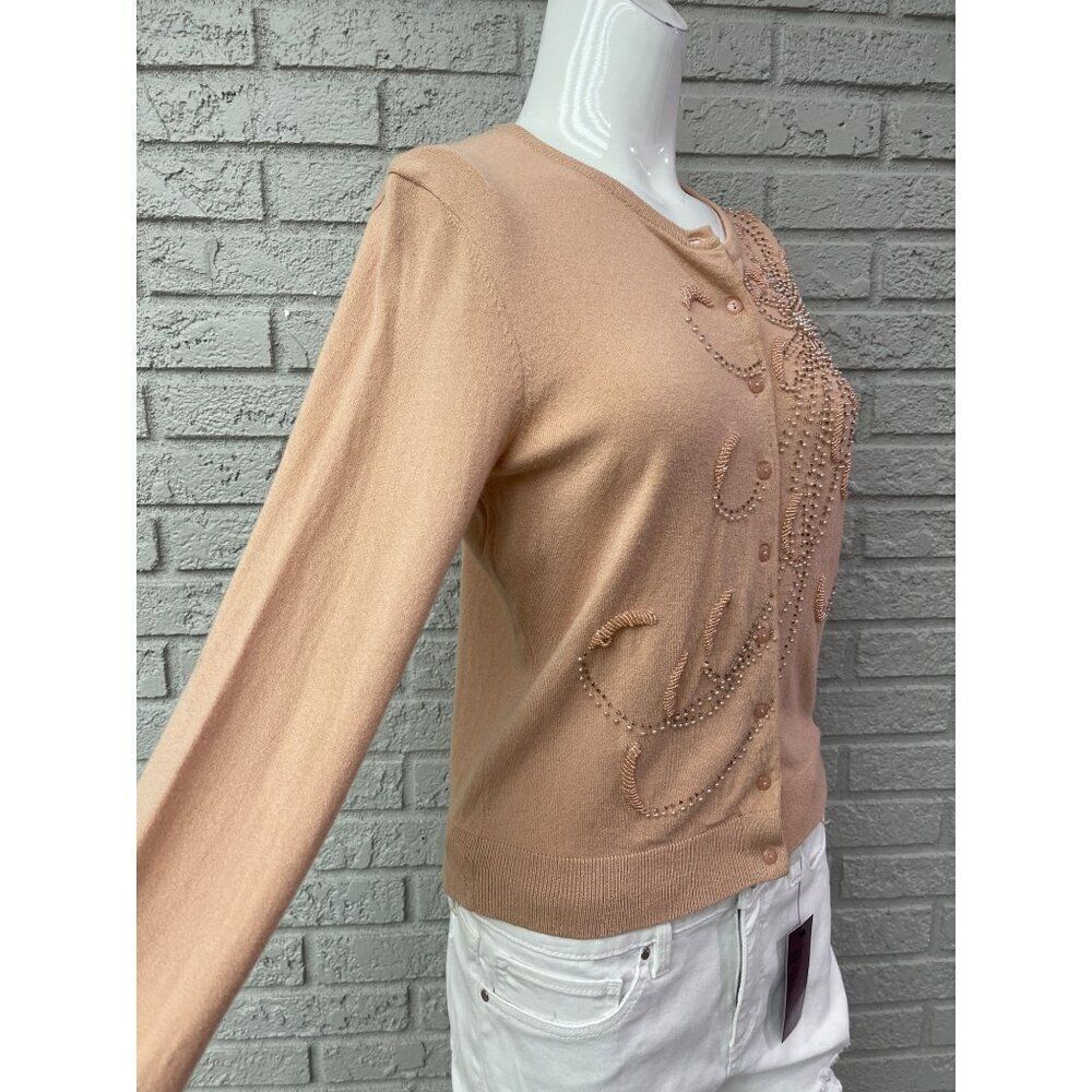 Anne Klein Women Nude Long Sleeve Faux Pearl Beaded Sweater Size PL - Picture 3 of 10